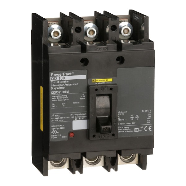 Square D Molded Case Circuit Breaker, QDP Series, 100A, 3 Pole, 240V AC, 25kA at 240V AC - QDP32100TM