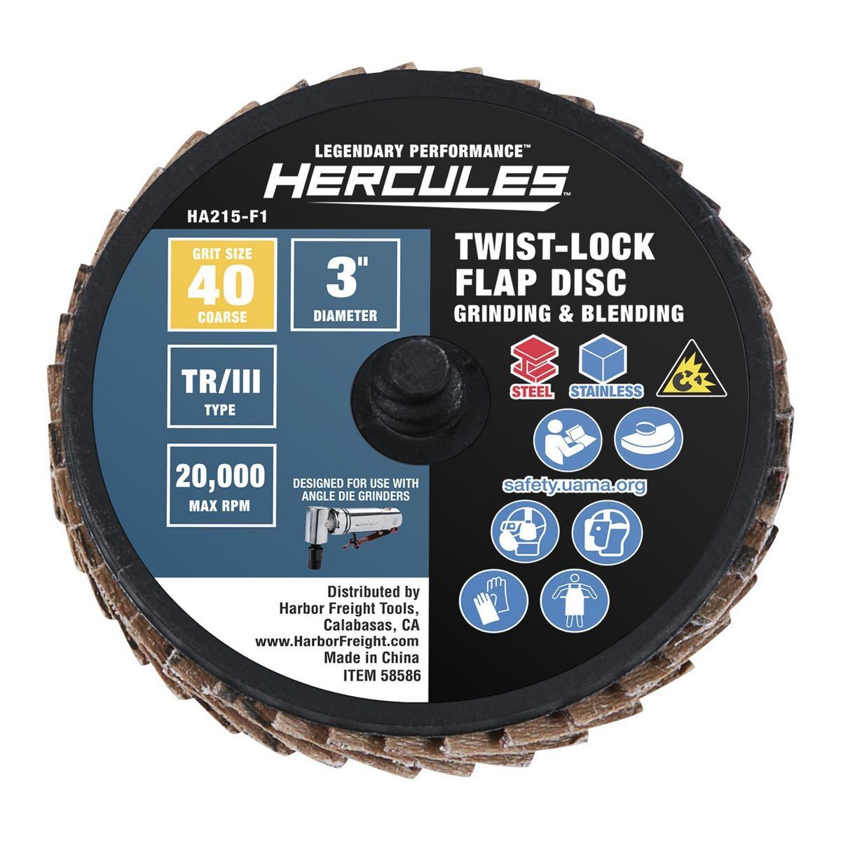 Hercules 3 pulgadas 40 granos Tipo TR/III Discos de Solapa con Bloqueo de Rosca y Respaldo de Plástico y Grano Cerámico, 3 Piezas - 58586