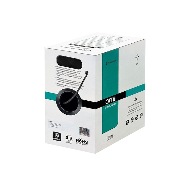 Monoprice Cat6 1000ft Black CMP UL Bulk Cable Solid w/spine UTP 23AWG 550MHz Pure Bare Copper Reelex - 44491