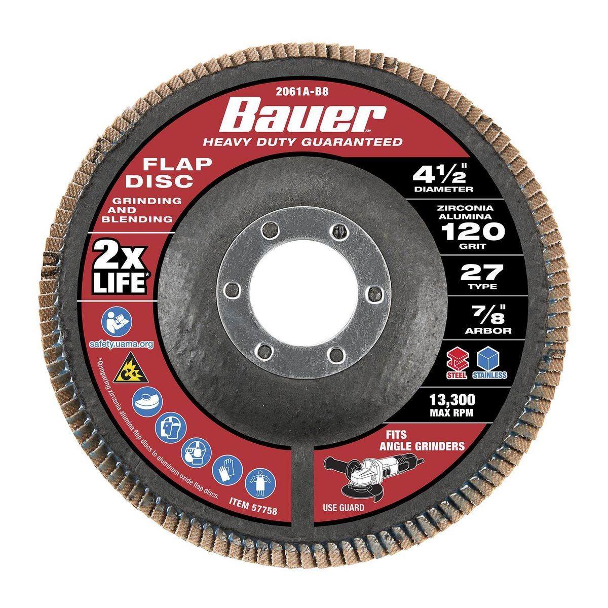 Disco de láminas Bauer de 4-1/2 pulgadas x 7/8 pulgadas, grano 120, tipo 27, con respaldo de fibra de vidrio y grano de circonio - 57758