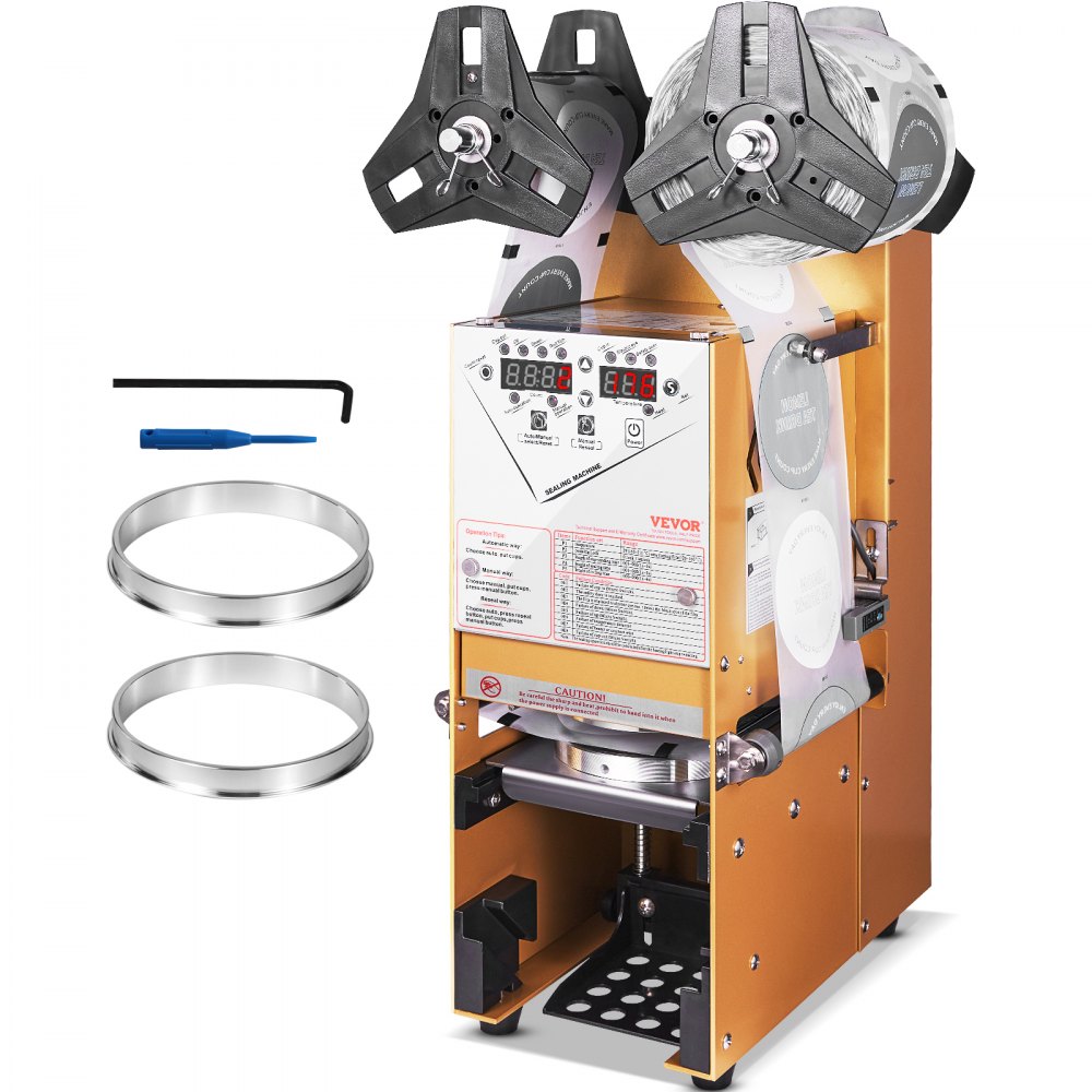VEVOR Fully Automatic Cup Sealing Machine, 500-650 Cups/H, Cup Sealer Machine for 180 mm Tall & 90/95 mm Cup, Electric Boba Tea Sealer with Digital Control LCD Panel for Bubble Milk Tea Coffee, Gold - QZDNCFKJCBQZR3YN1V1