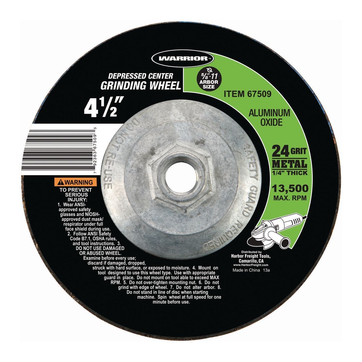 Rueda de desbaste para metal Warrior de 4-1/2 pulgadas, grano 24, con centro deprimido - 67509