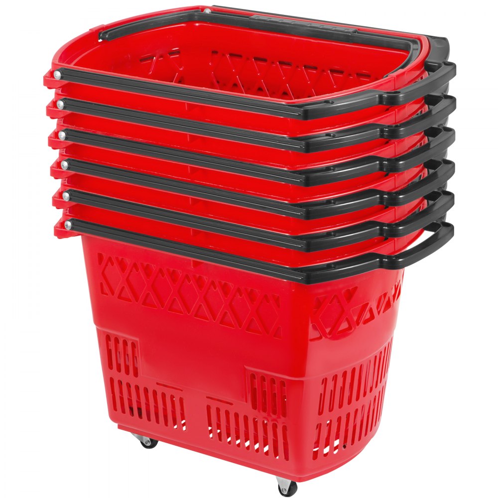 VEVOR 6PCS Shopping Carts, Plastic Rolling Shopping Basket with Wheels, Red Shopping Baskets with Handles, Portable Shopping Basket Set for Retail Store - GWCHLZLGGWLHS6ZZ1V0
