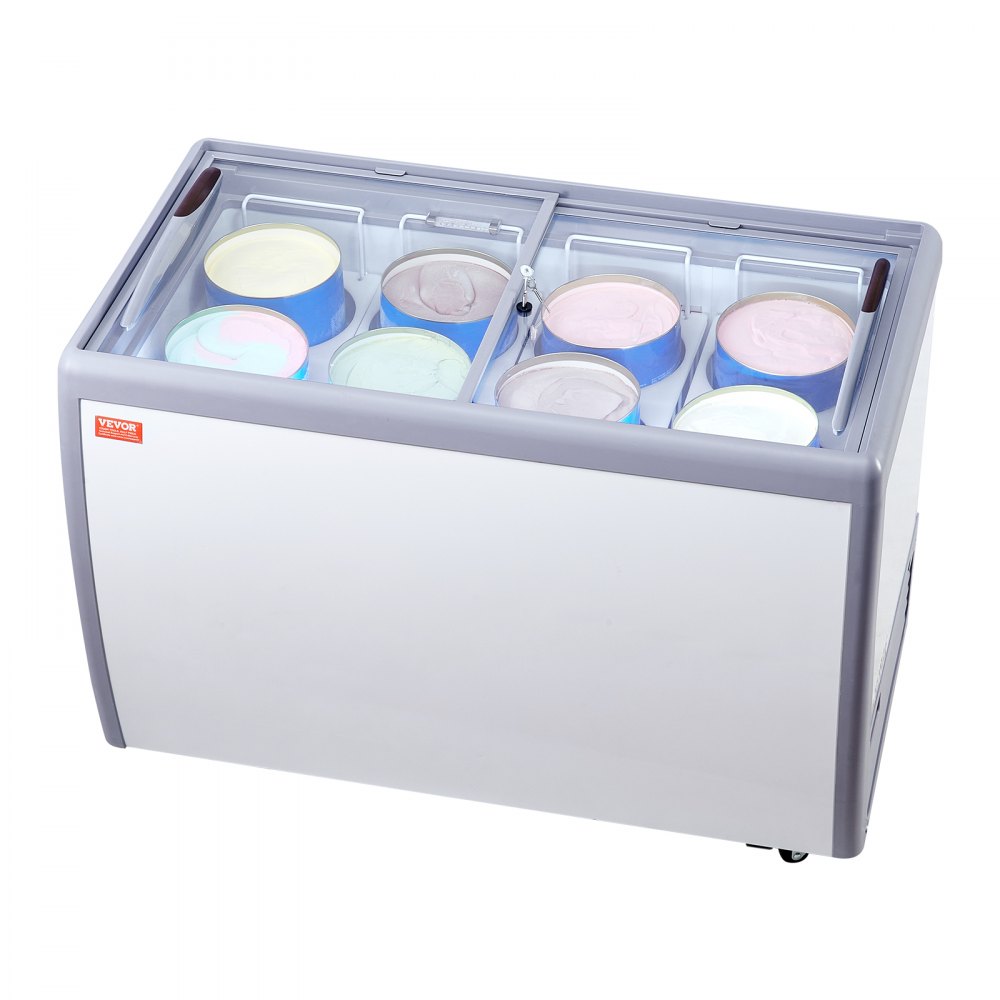 VEVOR Commercial Ice Cream Display Case, 13.1 Cu.ft Chest Freezer, Mobile Glass Top Deep Freezer, Restaurant Gelato Dipping Cabinet with 8 Large Tubs, 2 Sliding Glass Doors, Locking Casters, White - LDSBQLZSJ131LWSQWV1