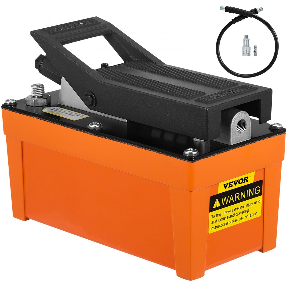VEVOR Air Hydraulic Pump 10000 PSI Air Over Hydraulic Pump 0.42 Gal Reservoir Air Treadle Foot Actuated Hydraulic Pump 3/8" NPT with 6.56 ft Hose 2 Connector Single Acting for Car Repair (Orange) - BTQJTBCS000000001V0