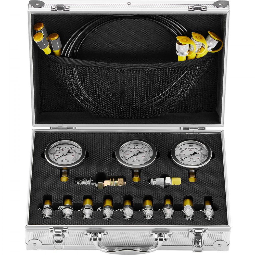 VEVOR Hydraulic Pressure Test Kit, 250/400/600bar, 3 Gauges 11 Test Couplings 3 Test Hoses, Excavator Hydraulic Test Gauge Set with Portable Carrying Case for Excavator Tractors Construction Machinery - JXYBZ3T11G0050BLLV0