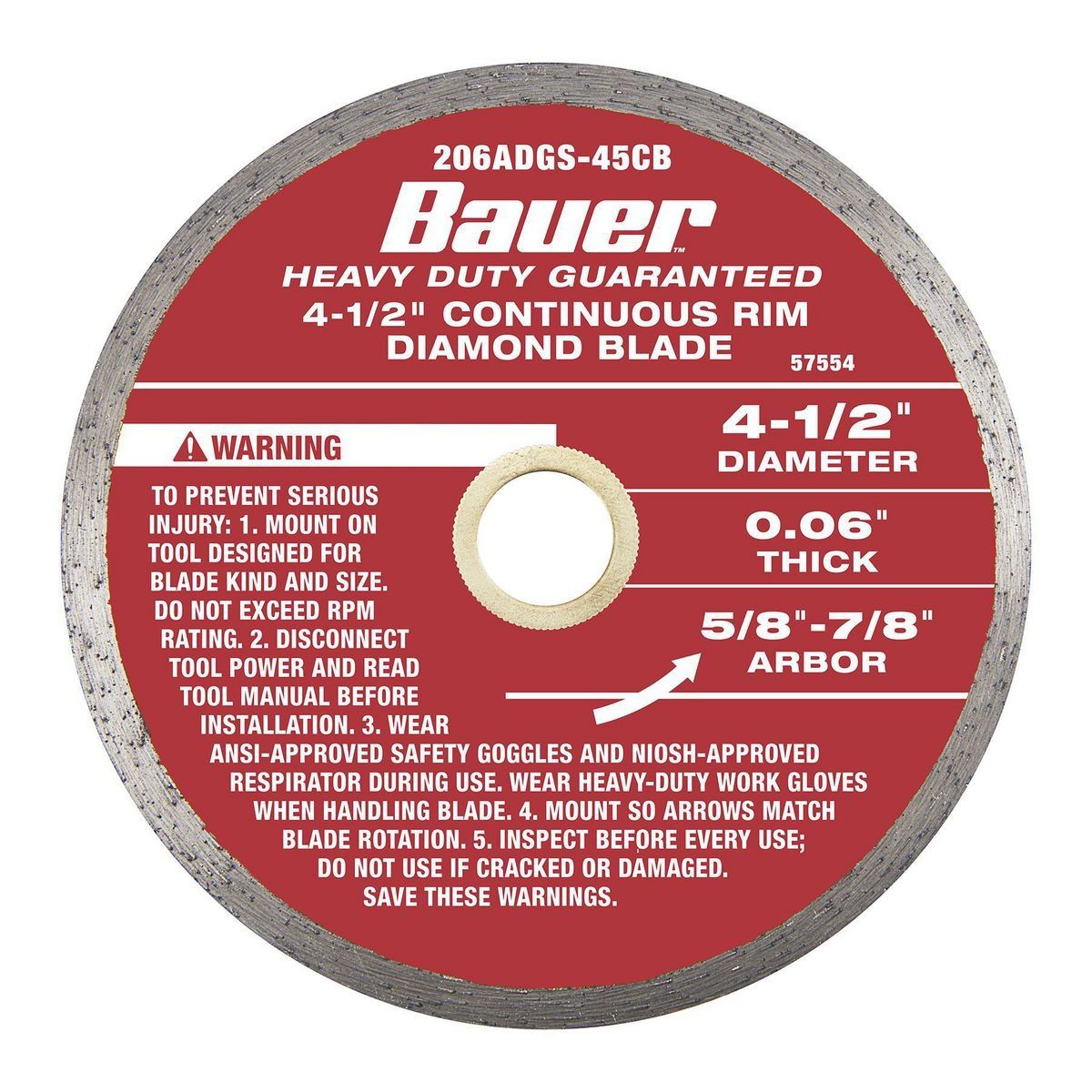 Hoja de sierra de diamante húmeda de corte continuo Bauer de 4-1/2 pulgadas - 57554