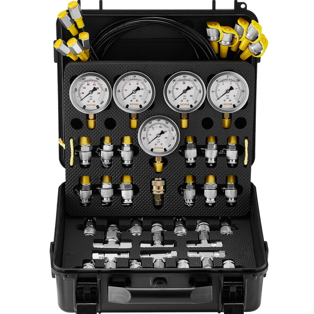 VEVOR Hydraulic Pressure Test Kit, 10/100/250/400/600bar, 5 Gauges 13 Couplings 14 Tee Connectors 5 Test Hoses, Excavator Hydraulic Test Gauge Set with Carrying Case for Excavator Tractors Machinery - JXYBZ5T13G0031N8JV0
