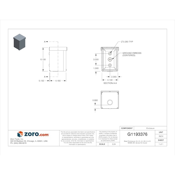 Wiegmann Carbon Steel Electrical Enclosures, 6 in H, 4 in D, 4 in W, NEMA 3R, Screw On - RSC040604G