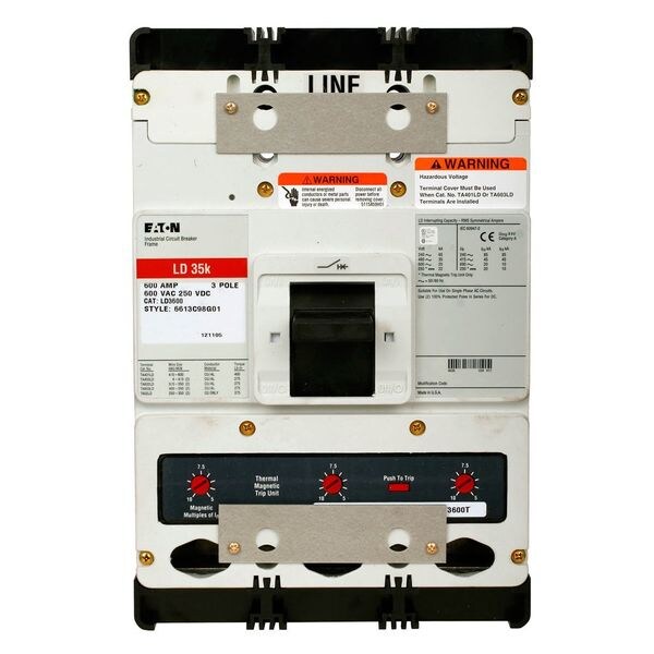 Eaton Molded Case Circuit Breaker, LD Series, 600A, 3 Pole, 600V AC, 65kA at 240V AC - LD3600