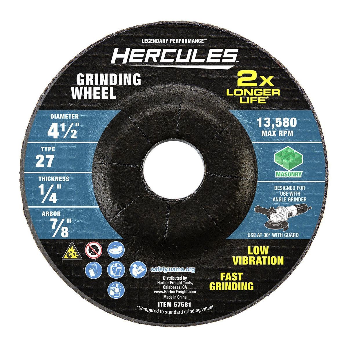 Hércules Rueda de Esmerilado para Albañilería Tipo 27 de 4-1/2 pulgadas x 1/4 pulgadas x 7/8 pulgadas - 57581