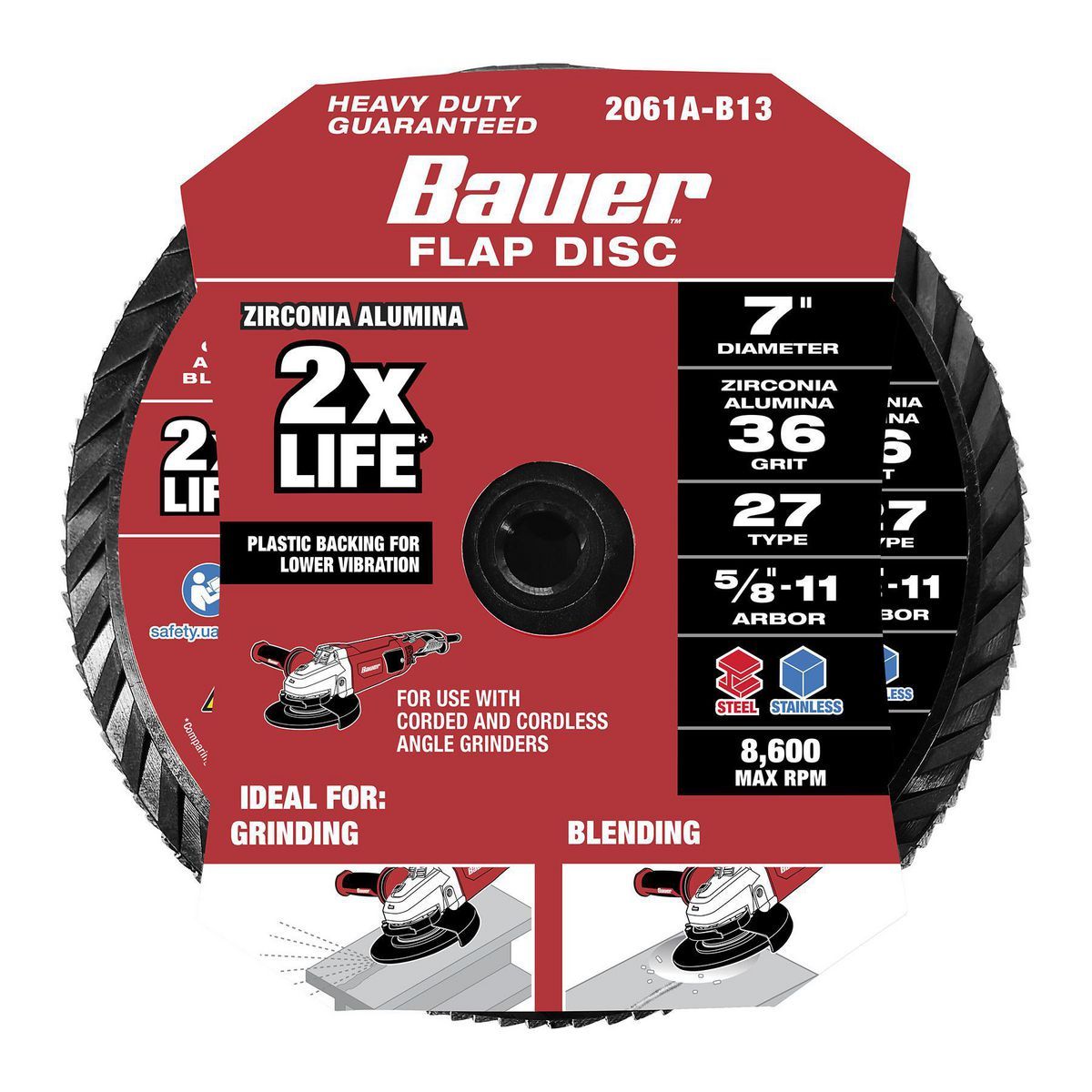 Bauer Disco de láminas Tipo 27 de grano 36, respaldo de plástico y grano de circonia de 7 in. x 5/8 in. con rosca UNC 11 - 58386.