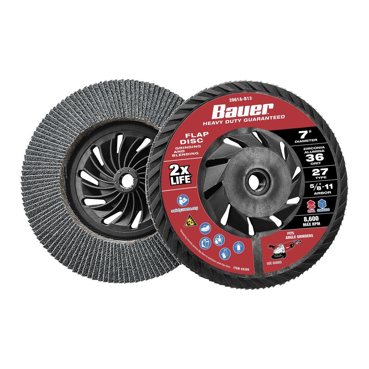 Bauer Disco de láminas Tipo 27 de grano 36, respaldo de plástico y grano de circonia de 7 in. x 5/8 in. con rosca UNC 11 - 58386.
