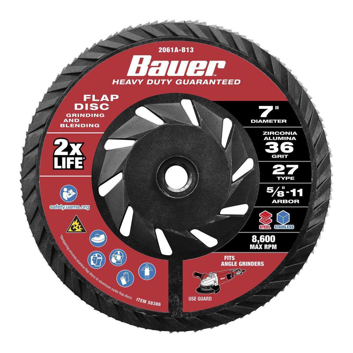 Bauer Disco de láminas Tipo 27 de grano 36, respaldo de plástico y grano de circonia de 7 in. x 5/8 in. con rosca UNC 11 - 58386.