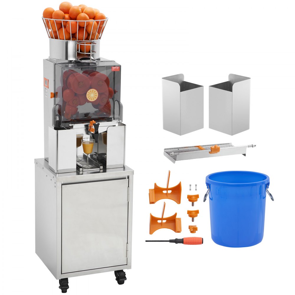 VEVOR Commercial Orange Juicer, 120W Automatic Feeding Juice Extractor with Water Tap, Stainless Steel Juicer Machine 25 Oranges/Minute, with Pull-Out Filter Box, PC Cover, 3 Peel Collecting Buckets - LSZDJLCZJQZDSRHLHV1