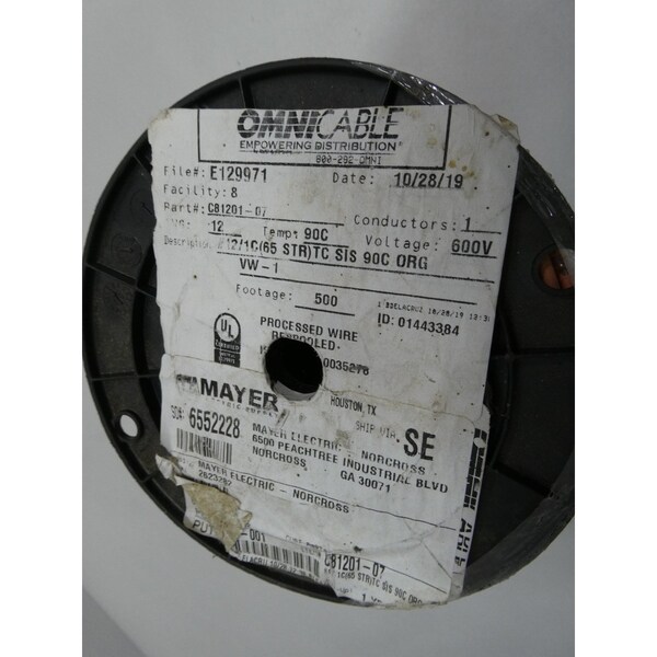 Omnicable 65STR TC SIS 90C ORG VW-1 1C 12AWG 500FT 600V-AC WIRE - C81201-07