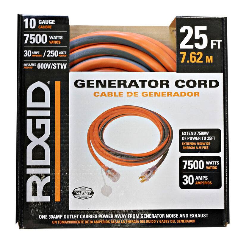 RIDGID 25 ft. 10/4 Heavy Duty Outdoor L14-30 Amp Generator Extension Cord with Lighted End, Orange/Grey - 69L14025RGD