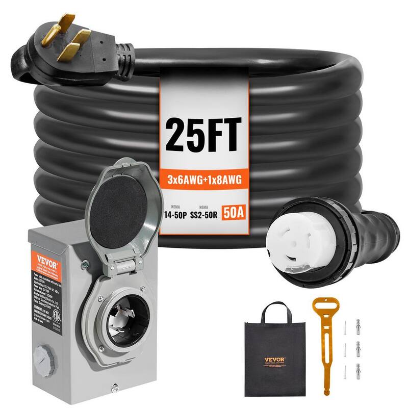 VEVOR 25 ft. 50 Amp 125-Volt Generator Extension Cord and Power Inlet Box Kit STW 6/3 plus 8/1 AWG Cord w/Twist Lock Connector - YZXYSRHTZ50AHEPYGV1