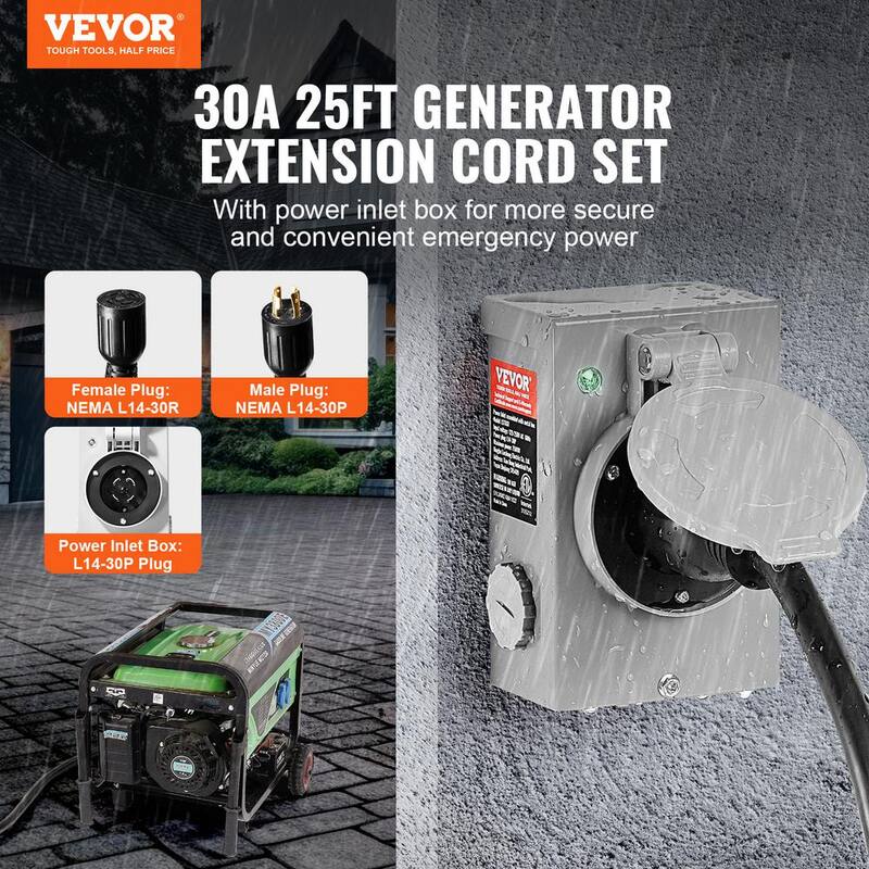 VEVOR 25 ft. 30 Amp 125-Volt Generator Extension Cord and Power Inlet Box Kit STW 10 AWG RV Generator Cord with Twist Lock - YZXYSRHTZ30A215B7V1