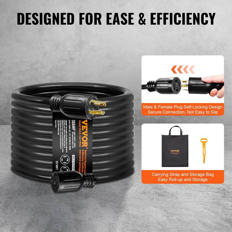 VEVOR 25 ft. 30 Amp 125-Volt Generator Extension Cord and Power Inlet Box Kit STW 10 AWG RV Generator Cord with Twist Lock - YZXYSRHTZ30A215B7V1