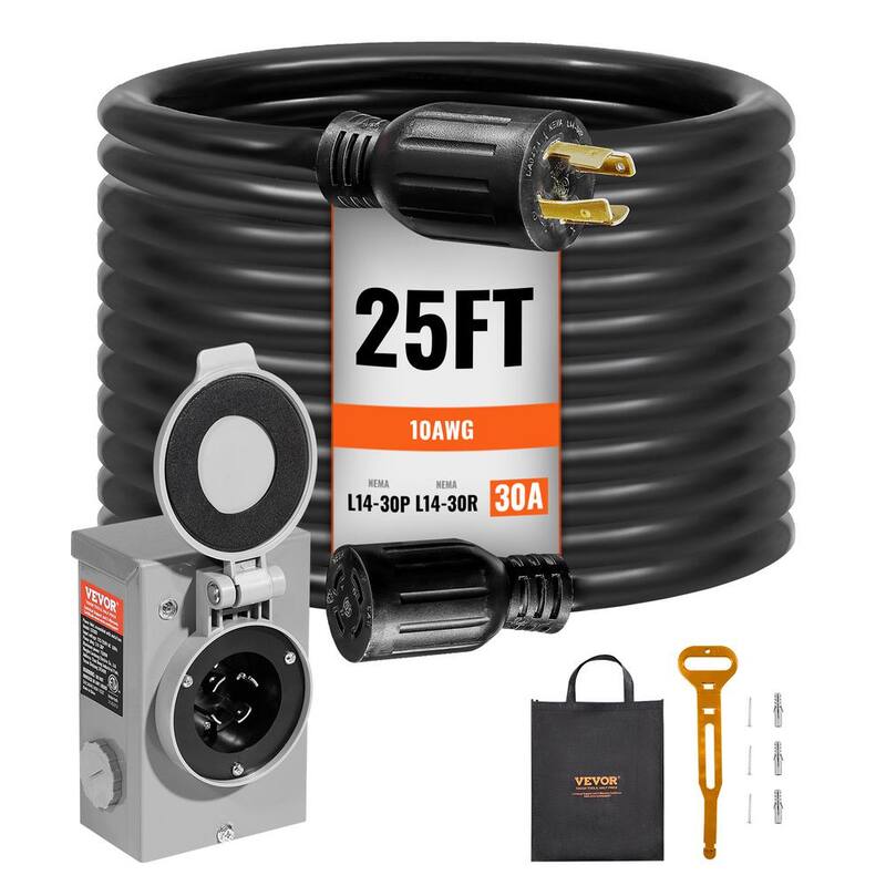 VEVOR 25 ft. 30 Amp 125-Volt Generator Extension Cord and Power Inlet Box Kit STW 10 AWG RV Generator Cord with Twist Lock - YZXYSRHTZ30A215B7V1