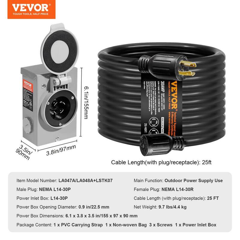 VEVOR 25 ft. 30 Amp 125-Volt Generator Extension Cord and Power Inlet Box Kit STW 10 AWG RV Generator Cord with Twist Lock - YZXYSRHTZ30A215B7V1