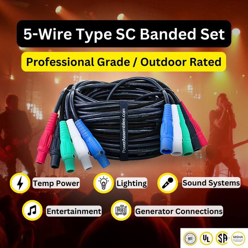 POWER ASSEMBLIES 50 ft. (4) #2AWG & (1) #6AWG Stage Cable 190 Amp 600V Series 16 M to F Camlock Banded Cable Generator Extension Cord Set - FB02SC16050MF4