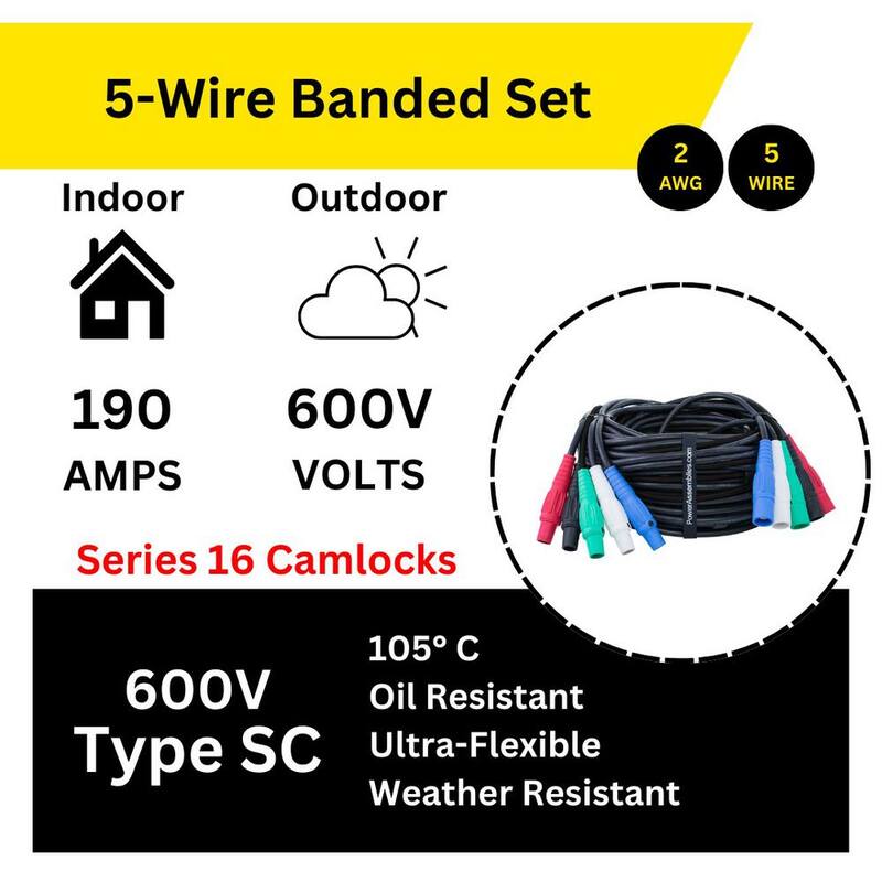 POWER ASSEMBLIES 50 ft. (4) #2AWG & (1) #6AWG Stage Cable 190 Amp 600V Series 16 M to F Camlock Banded Cable Generator Extension Cord Set - FB02SC16050MF4