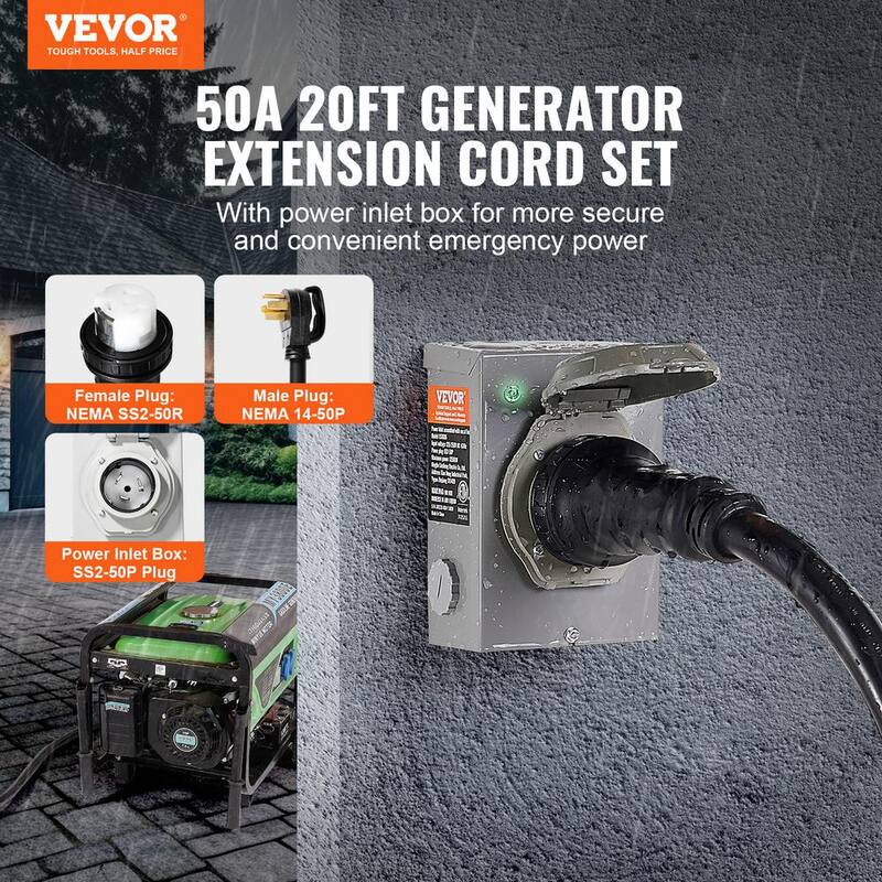 VEVOR 20 ft. 50 Amp 125-Volt Generator Extension Cord and Power Inlet Box Kit STW 6/3 Plus 8/1 AWG Generator Cord Twist Lock - YZXYSRHTZ50AEXUIOV1