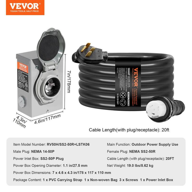 VEVOR 20 ft. 50 Amp 125-Volt Generator Extension Cord and Power Inlet Box Kit STW 6/3 Plus 8/1 AWG Generator Cord Twist Lock - YZXYSRHTZ50AEXUIOV1