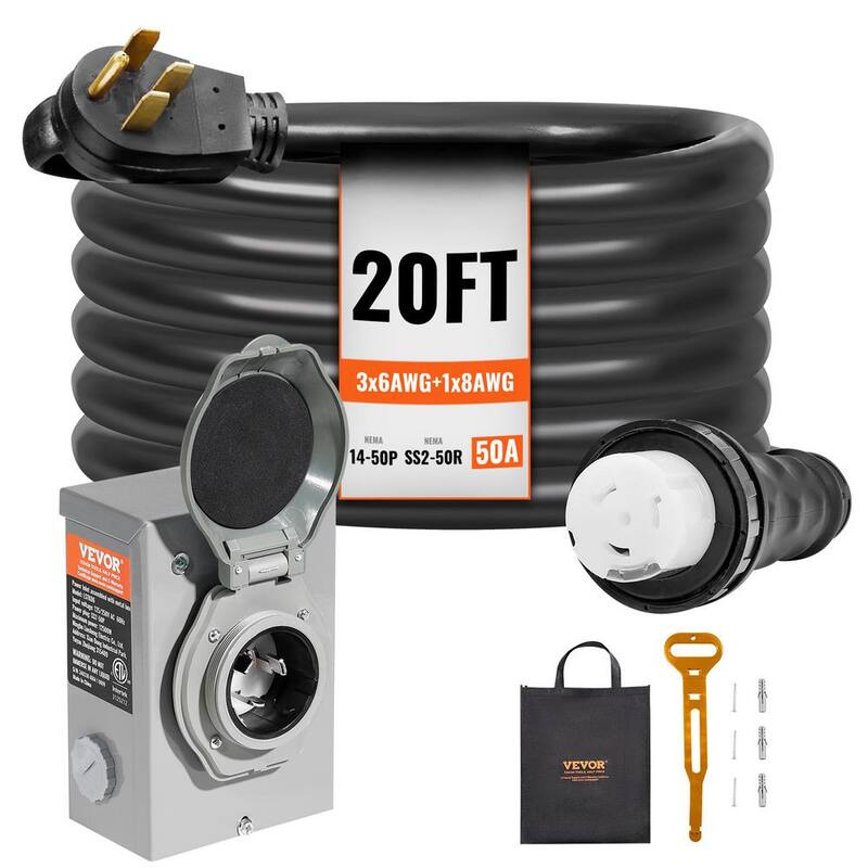 VEVOR 20 ft. 50 Amp 125-Volt Generator Extension Cord and Power Inlet Box Kit STW 6/3 Plus 8/1 AWG Generator Cord Twist Lock - YZXYSRHTZ50AEXUIOV1