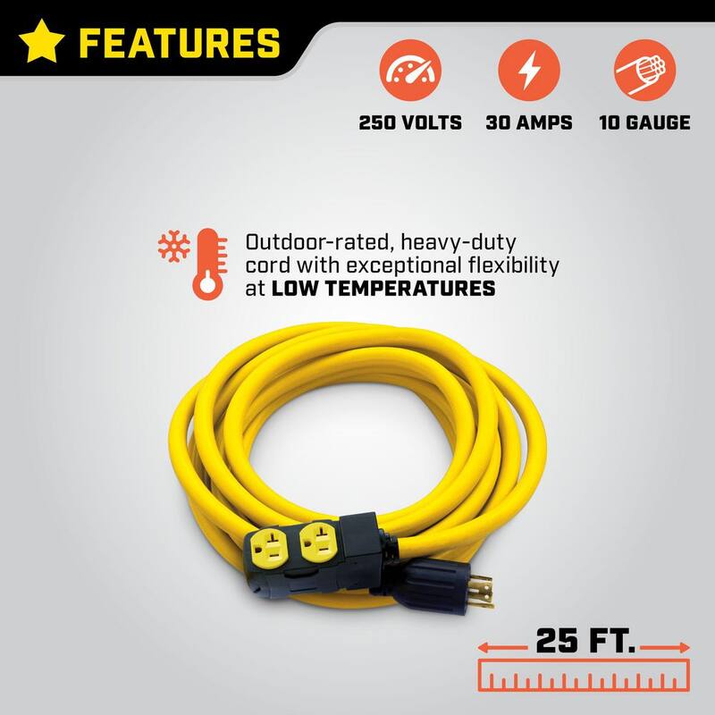 Champion Power Equipment 25 ft. NEMA L14-30P to 4x 5-20R Generator Cord in Yellow - 48043