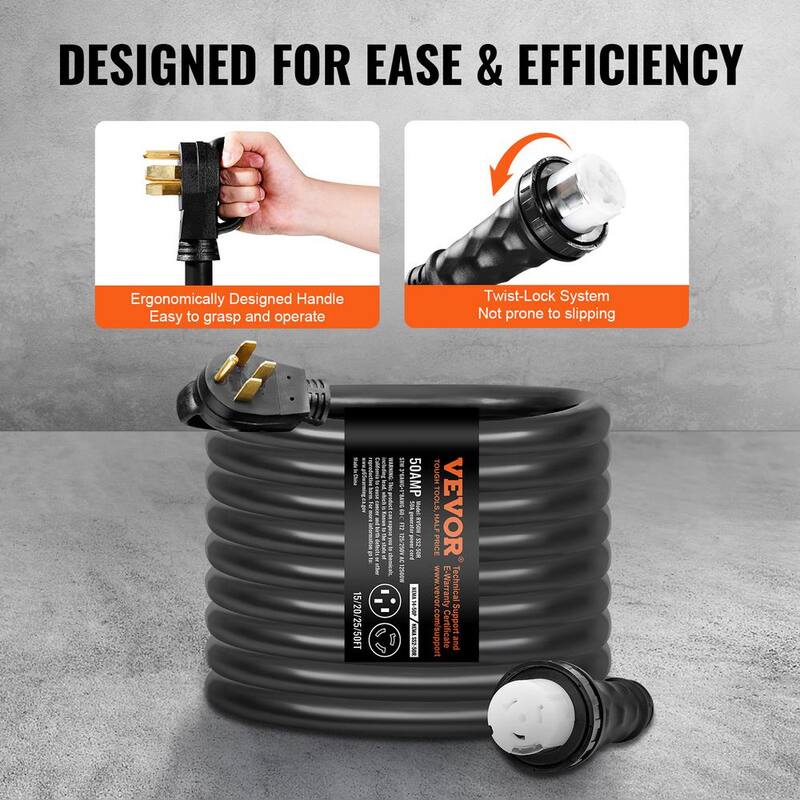 VEVOR 50 ft. 50 Amp 125-Volt Generator Extension Cord and Power Inlet Box Kit STW 6/3+8/1 AWG with Twist Lock with Inlet Box - YZXYSRHTZ50AFKVYWV1