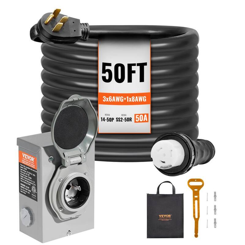 VEVOR 50 ft. 50 Amp 125-Volt Generator Extension Cord and Power Inlet Box Kit STW 6/3+8/1 AWG with Twist Lock with Inlet Box - YZXYSRHTZ50AFKVYWV1