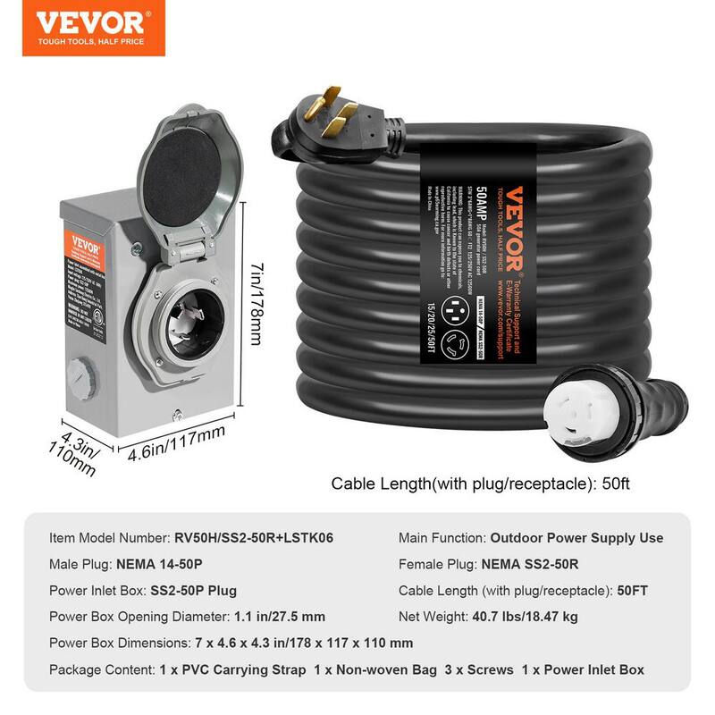 VEVOR 50 ft. 50 Amp 125-Volt Generator Extension Cord and Power Inlet Box Kit STW 6/3+8/1 AWG with Twist Lock with Inlet Box - YZXYSRHTZ50AFKVYWV1