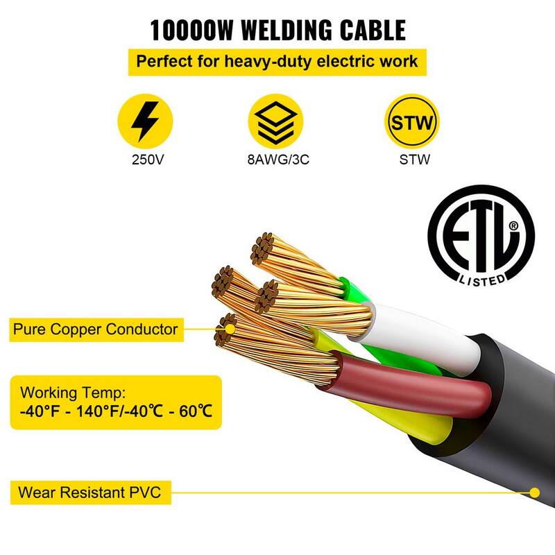 VEVOR Welder Extension Cord 40 Amp 25 ft. 250 Volt Welding Power Cord with NEMA 6-50 Plug 8 Wire Gauge 3 Prong - HJLJQ8-3-25FTYCX1V1