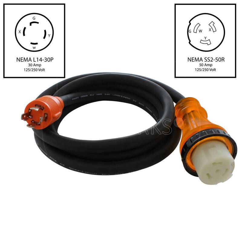AC WORKS 25 ft. Generator L14-30P 30 Amp 4-Prong Plug to 50 Amp RV/Marine Power Inlet Adapter Cord - L1430M50-025E