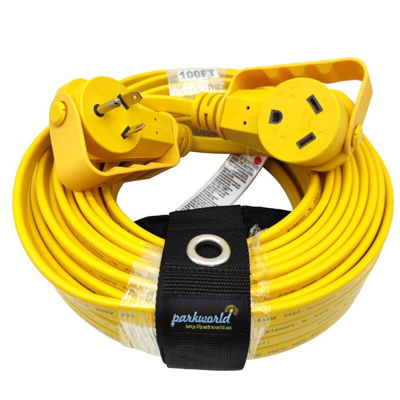 parkworld 100 ft. 10/3 30 Amp 125-Volt NEMA TT-30 Flat RV/Generator Extension Cord with Handle (TT-30P to TT-30R), Yellow - 64392