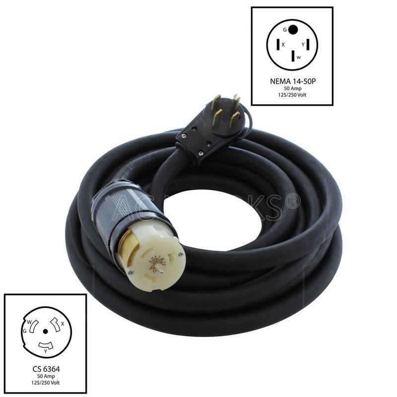 AC WORKS 50 ft. 6/4 SOOW 50 Amp NEMA 14-50P to CS6364 Generator Rubber Transfer Switch Power Cord - TE1450RU-050