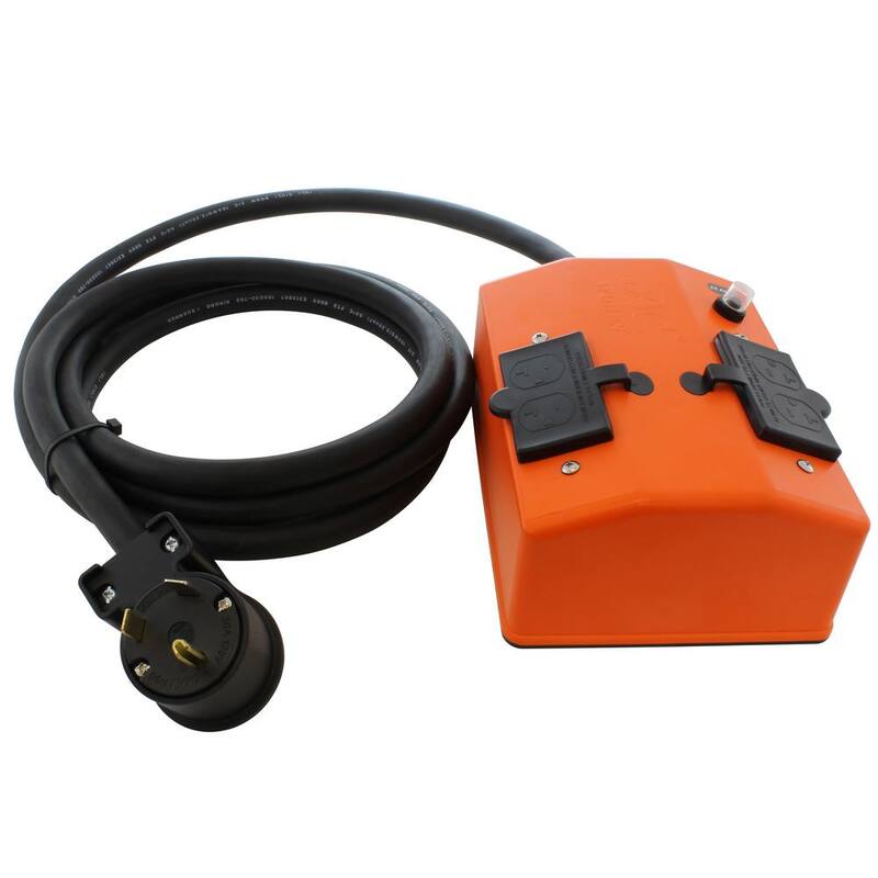 AC WORKS 50 ft. NEMA TT-30 RV 30 Amp Plug to PDU OUTLET BOX (GFCI and Breaker) with 4 Outlets - TT30PDU-050