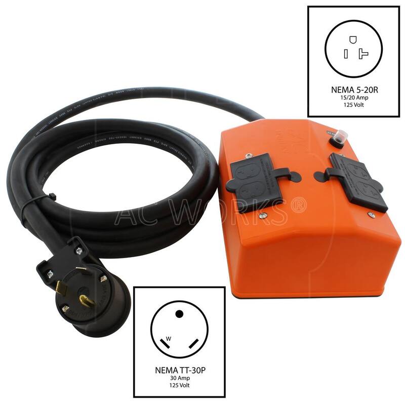 AC WORKS 50 ft. NEMA TT-30 RV 30 Amp Plug to PDU OUTLET BOX (GFCI and Breaker) with 4 Outlets - TT30PDU-050