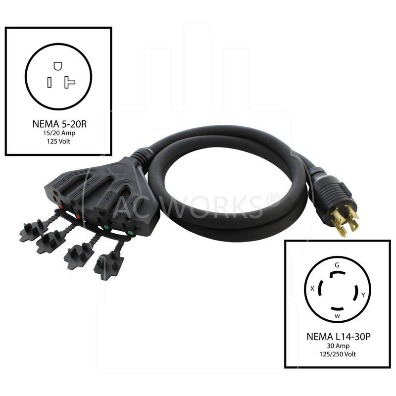AC WORKS L14-30P 5 ft. 10-Gauge 4-Prong 30 Amp Generator Locking Plug to Four 15 Amp/20 Amp Household Power Distribution Cord - L1430F520-05BK