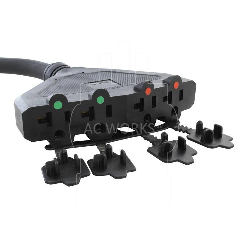 AC WORKS L14-30P 5 ft. 10-Gauge 4-Prong 30 Amp Generator Locking Plug to Four 15 Amp/20 Amp Household Power Distribution Cord - L1430F520-05BK