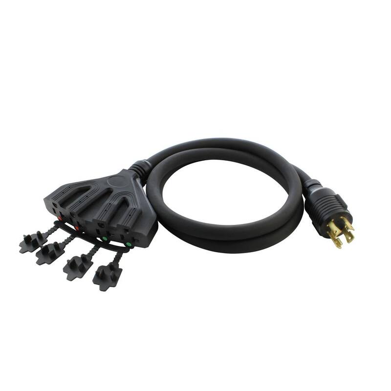 AC WORKS L14-30P 5 ft. 10-Gauge 4-Prong 30 Amp Generator Locking Plug to Four 15 Amp/20 Amp Household Power Distribution Cord - L1430F520-05BK