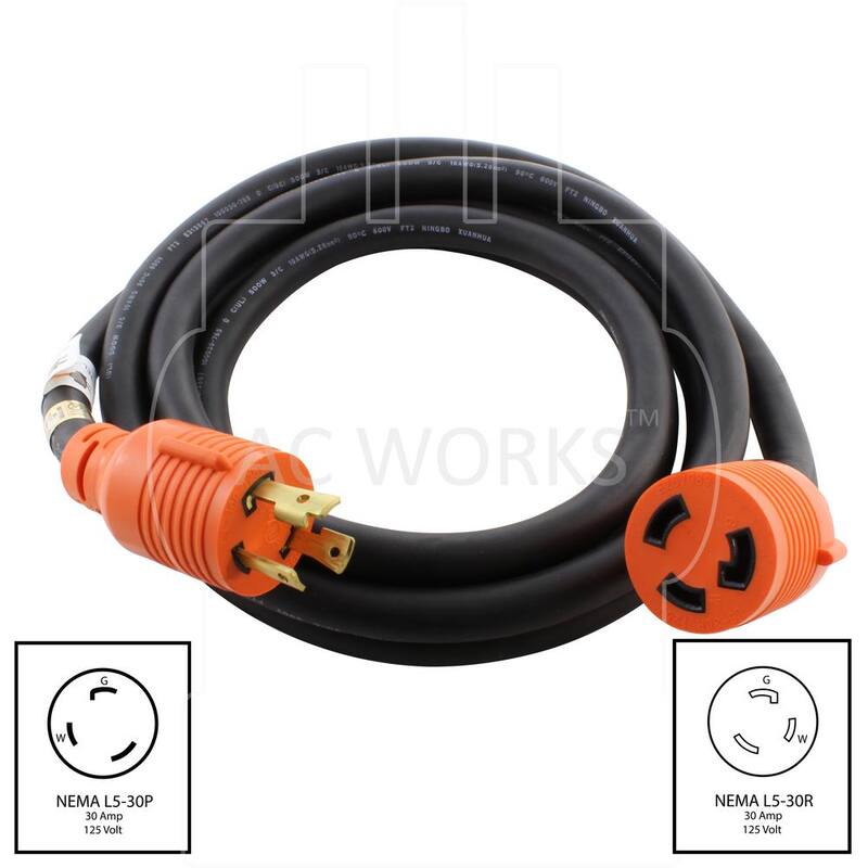 AC WORKS 10 ft. SOOW 10/3 3-Prong NEMA L5-30 125-Volt 30 Amp Generator Rubber Extension Cord - L530PR-010D