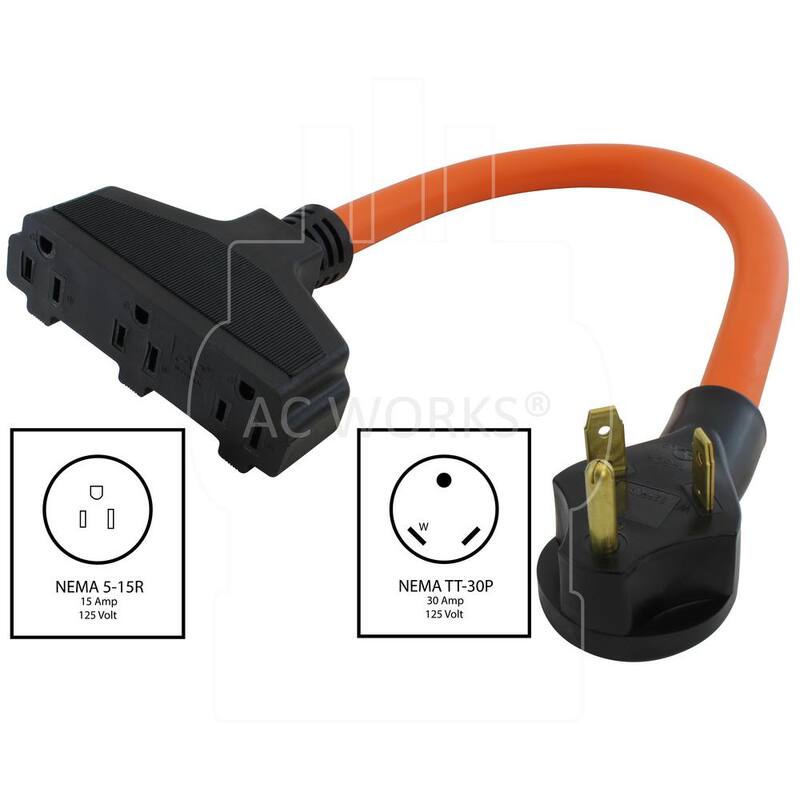AC WORKS 1.5 ft. 10/3 STW 30 Amp TT-30P RV/ Travel Trailer Plug to Tri-Outlets Household Sockets - TT30W515-018