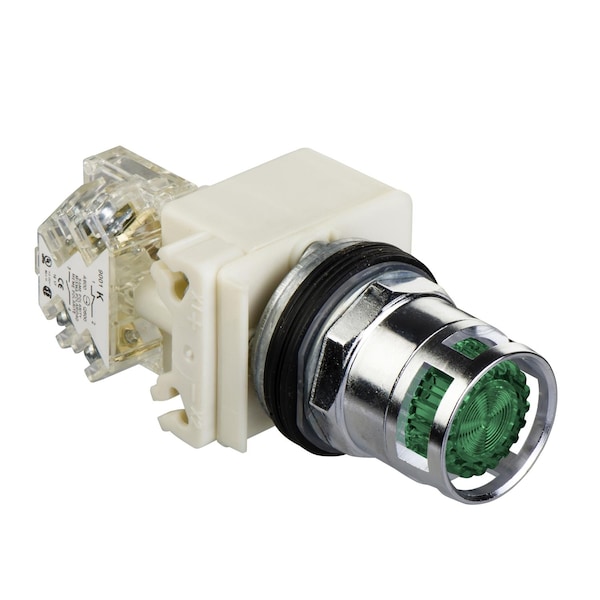 Cabeza de botón pulsador iluminado Square D, Harmony 9001K, metal, guardia metálica empotrada, verde, 30mm, retorno de resorte, LED verde, 120V - 9001K3L38LGG