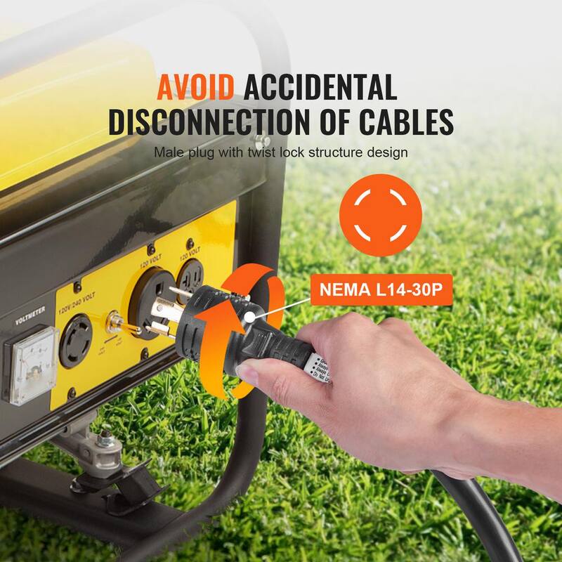 VEVOR Generator Extension Cord 25 ft. SJTW 30Amp 125-Volt 14-30P to 5-20R Generator Extension Cord with Twist Lock Light End - FDJYZX25FT30A39FHV1