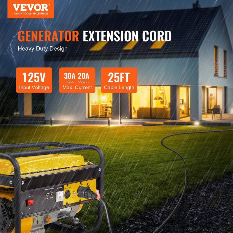 VEVOR Generator Extension Cord 25 ft. SJTW 30Amp 125-Volt 14-30P to 5-20R Generator Extension Cord with Twist Lock Light End - FDJYZX25FT30A39FHV1