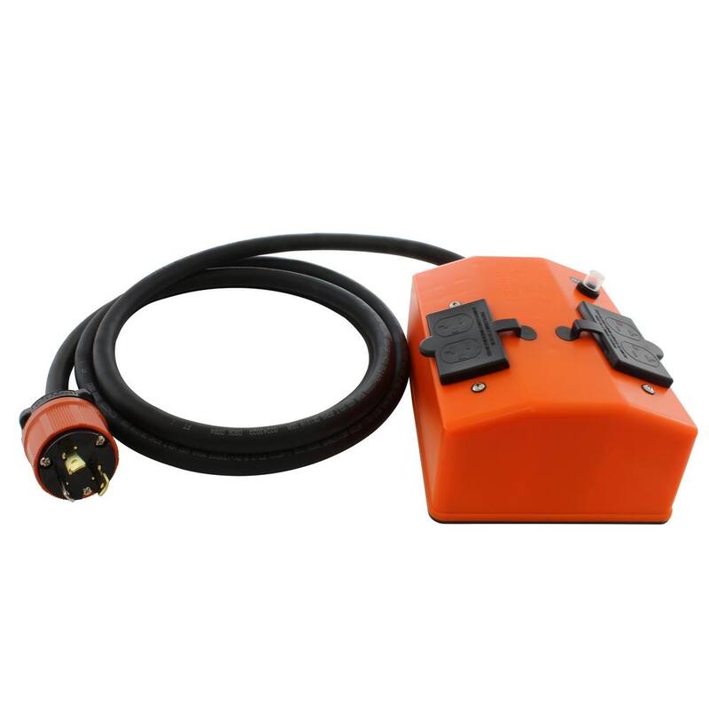 AC WORKS 25 ft. L5-30 3-Prong Locking Plug to PDU OUTLET BOX (GFCI and Breaker) with 4 Outlets - L530PDU-025